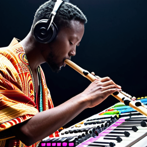 Home 4 **Image Prompt:** A DJ in a vibrant, multicultural urban setting, blending global music samples on a digital mixing board. The scene includes visual representations of sound waves merging from different parts of the world (e.g., a kora from Mali, a Japanese shakuhachi flute). The overall aesthetic should be modern and energetic, highlighting the fusion of diverse musical elements.