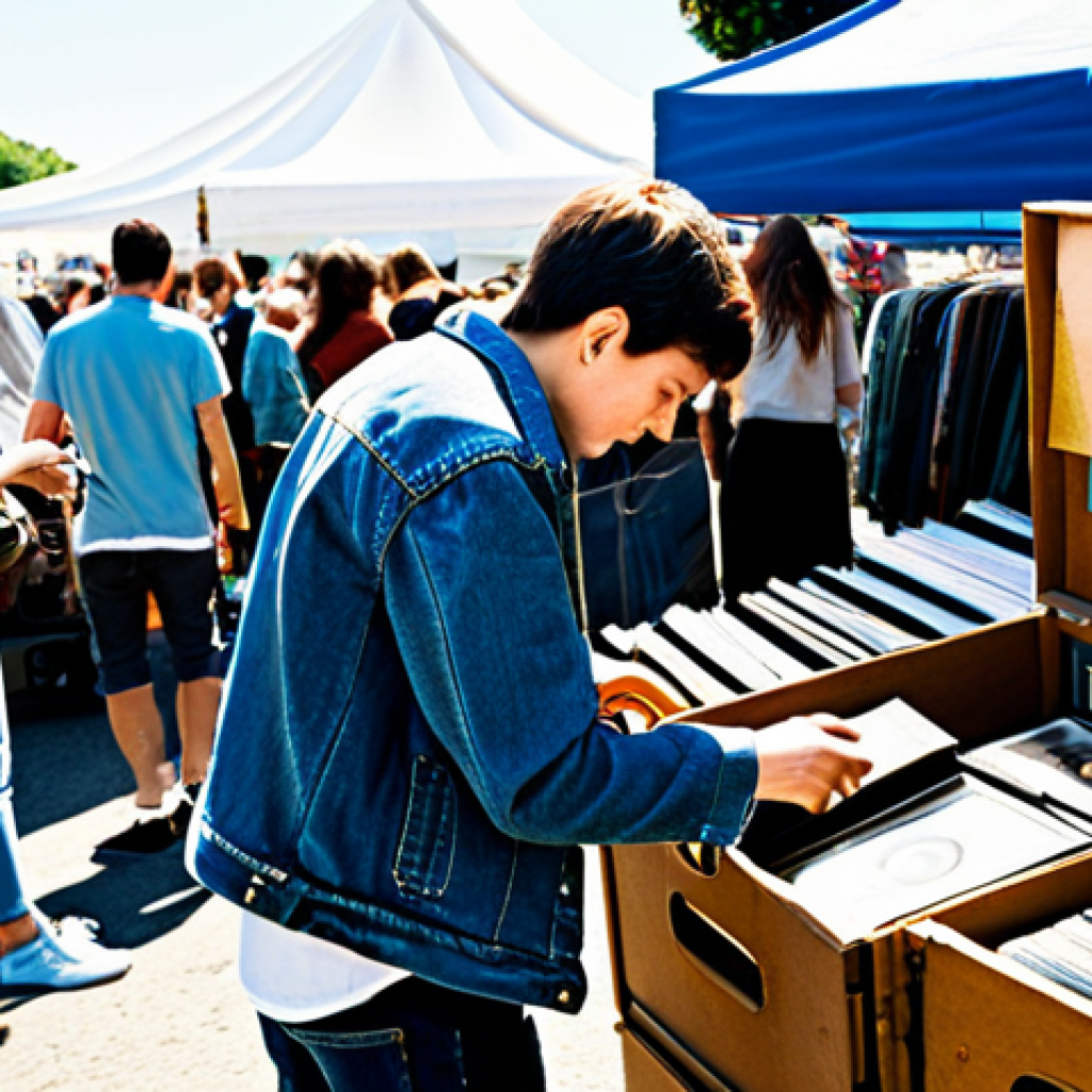 샘플링을 이용한 사운드 믹싱 팁 - Vinyl Treasure Hunt**
"A young adult enthusiastically browsing through a crate of vinyl records at ...