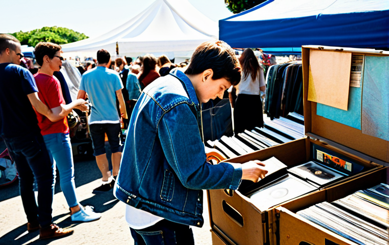 샘플링을 이용한 사운드 믹싱 팁 - Vinyl Treasure Hunt**
"A young adult enthusiastically browsing through a crate of vinyl records at ...