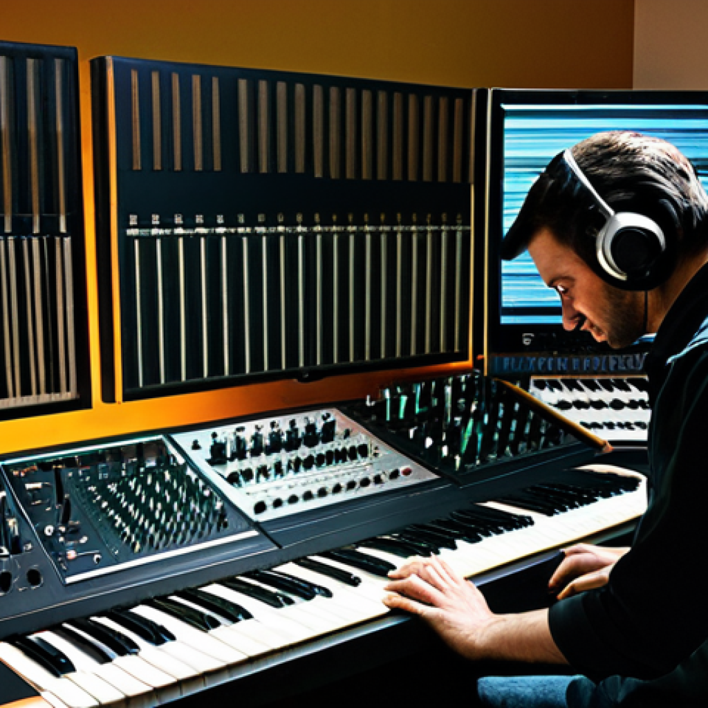 사운드 샘플링과 믹스의 관계 - The Sound Weaver**
"A music producer in a modern studio, surrounded by synthesizers, mixing boards,...