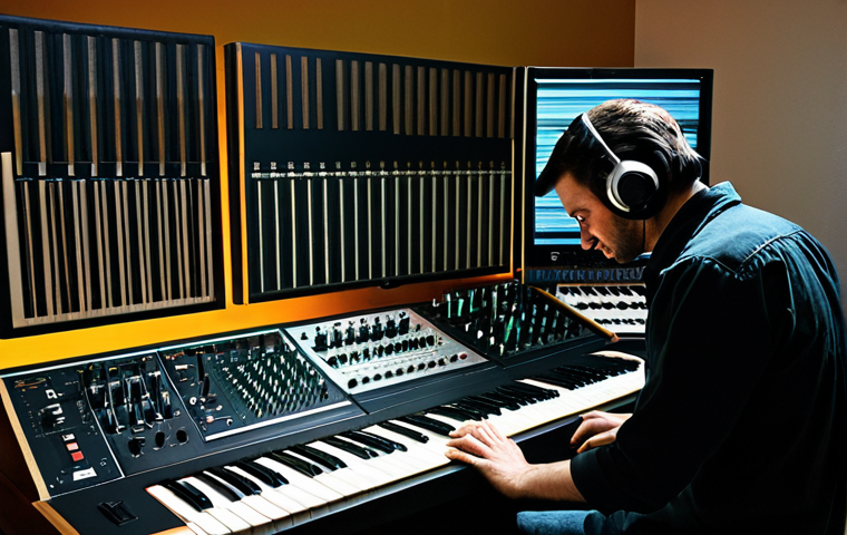 사운드 샘플링과 믹스의 관계 - The Sound Weaver**
"A music producer in a modern studio, surrounded by synthesizers, mixing boards,...