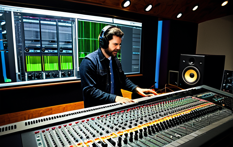 사운드 샘플링과 믹스의 관계 - The Sound Weaver**

"A music producer in a modern studio, surrounded by synthesizers, mixing boards,...
