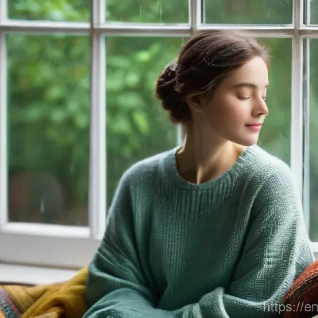 사운드 샘플링과 감정의 관계 - **Prompt:** A young woman, wearing comfortable, modest loungewear including soft cotton pants and a ...