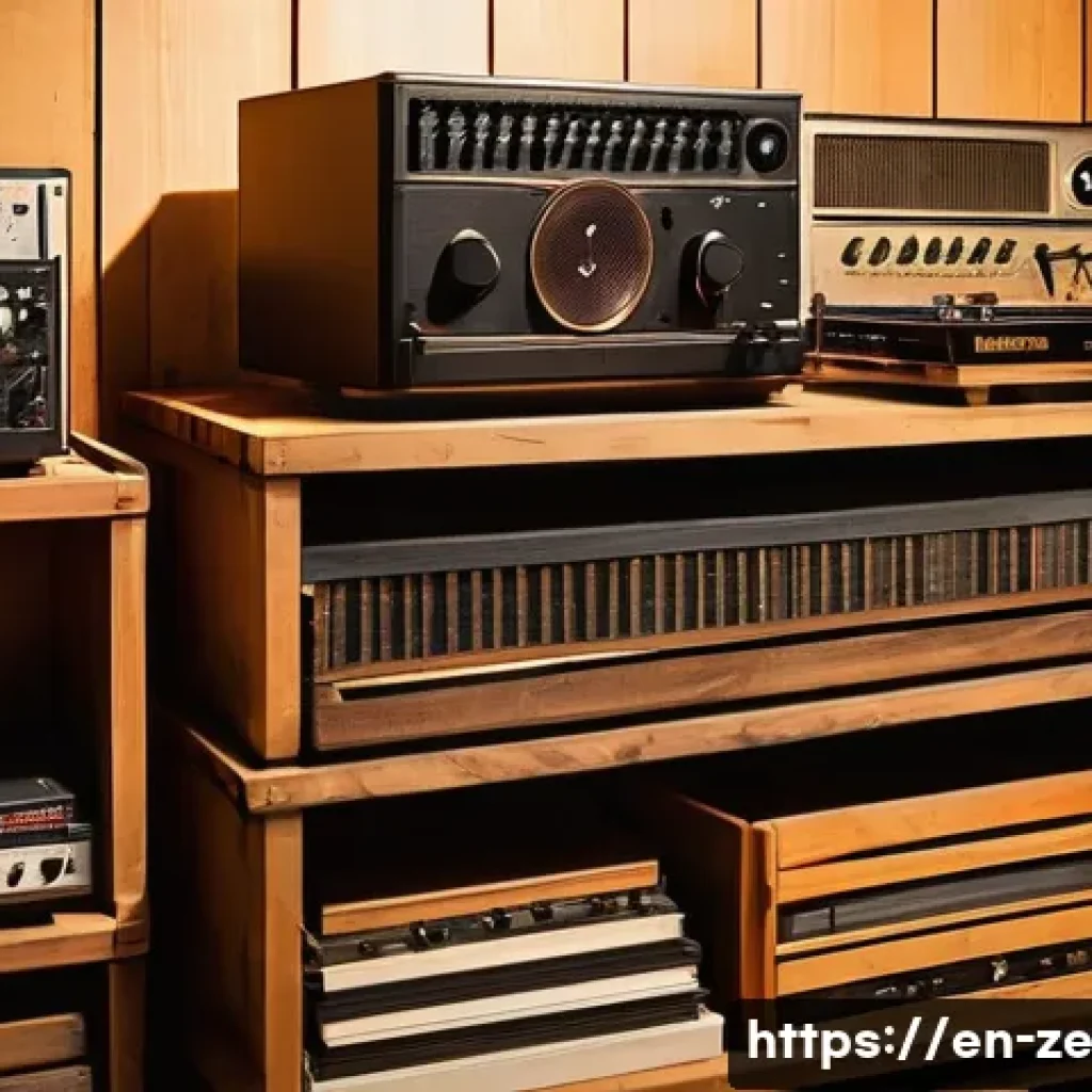 소리 샘플링으로 만든 유명한 곡들 - A vintage music producer’s studio filled with classic vinyl records stacked in wooden crates, an old...