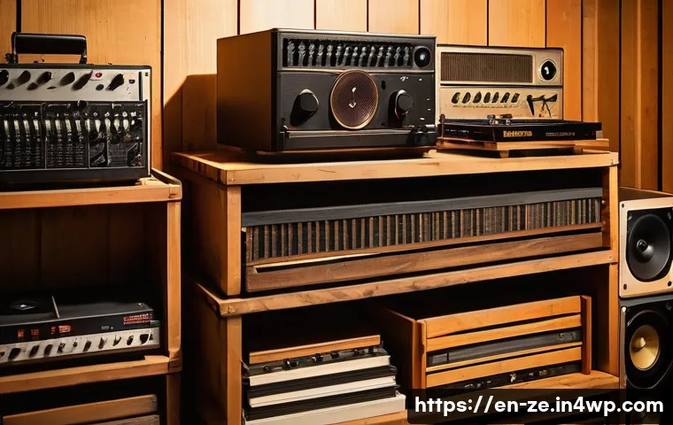 소리 샘플링으로 만든 유명한 곡들 - A vintage music producer&rsquo;s studio filled with classic vinyl records stacked in wooden crates, an old...