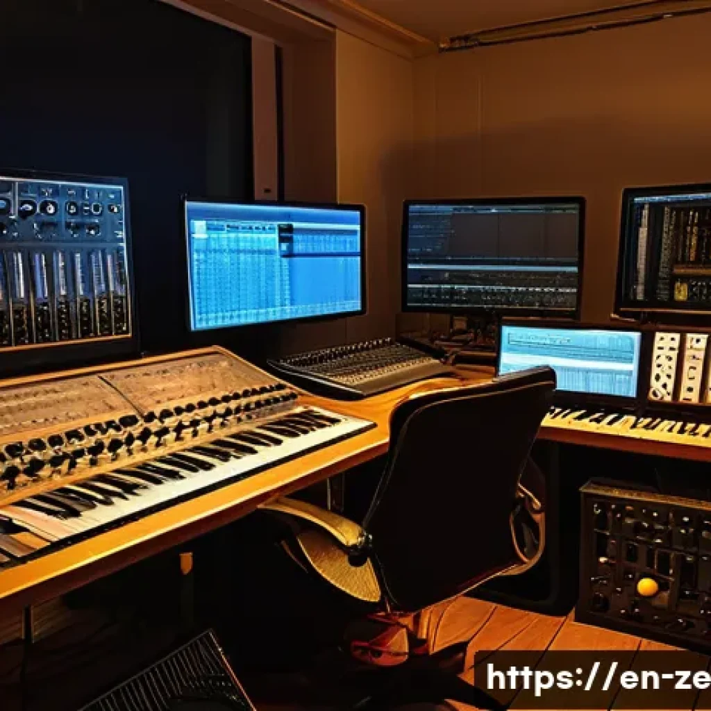 사운드 샘플링의 예술적 접근 방식 - A serene, immersive sound artist’s studio filled with vintage and modern audio equipment, including ...