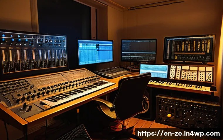 사운드 샘플링의 예술적 접근 방식 - A serene, immersive sound artist’s studio filled with vintage and modern audio equipment, including ...