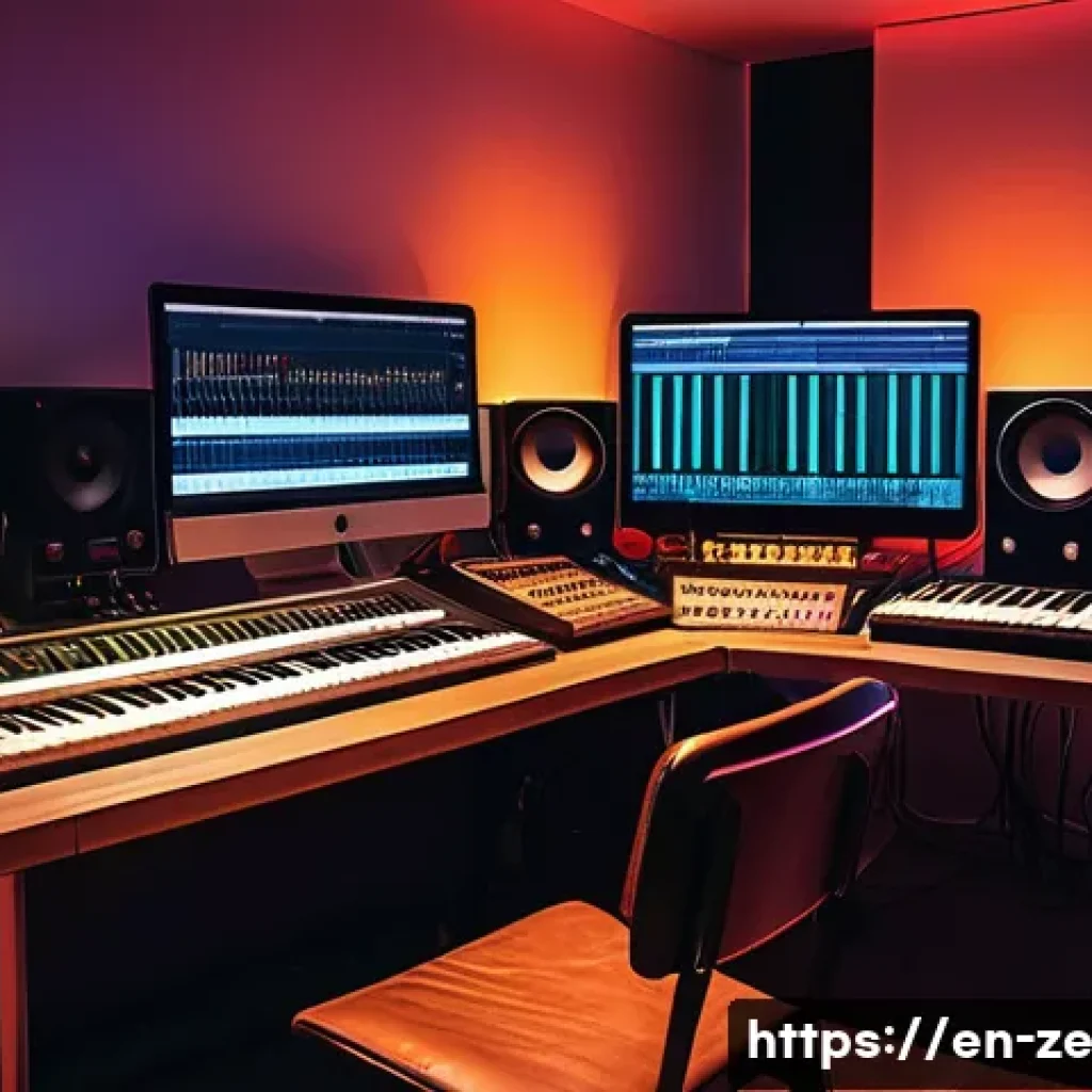샘플링을 통한 일렉트로닉 음악의 진화 - A futuristic music producer’s studio filled with a blend of vintage analog gear and modern digital e...