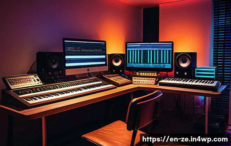 샘플링을 통한 일렉트로닉 음악의 진화 - A futuristic music producer’s studio filled with a blend of vintage analog gear and modern digital e...