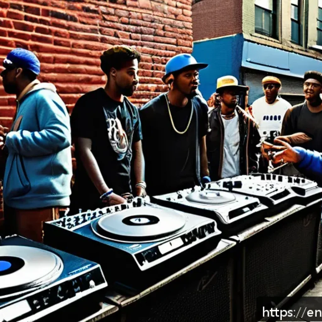 샘플링의 역사와 현대 음악에서의 역할 - A vibrant 1970s Bronx street scene featuring a DJ with two turntables and a mixer, energetically loo...