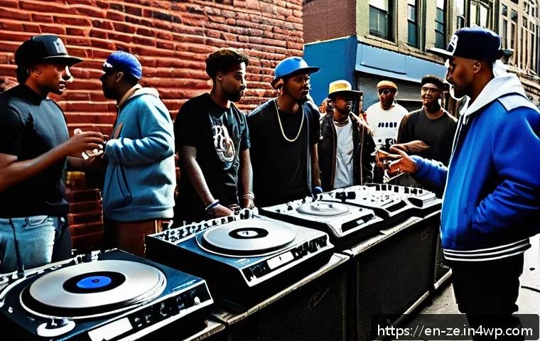 샘플링의 역사와 현대 음악에서의 역할 - A vibrant 1970s Bronx street scene featuring a DJ with two turntables and a mixer, energetically loo...