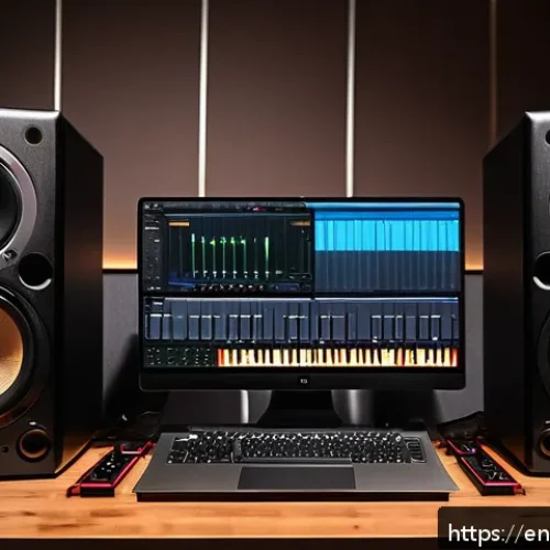 Home 31 사운드 샘플링의 도구와 소프트웨어 추천 - A modern home music studio setup featuring a Focusrite Scarlett 2i2 audio interface prominently plac...