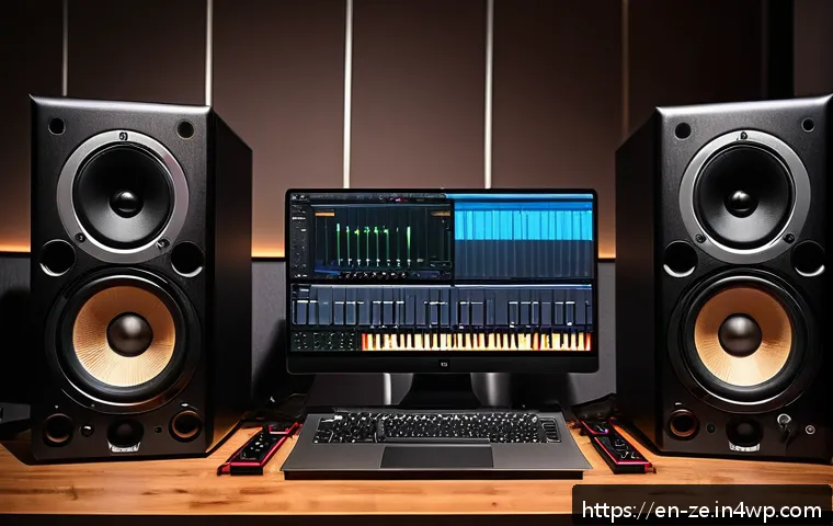 사운드 샘플링의 도구와 소프트웨어 추천 - A modern home music studio setup featuring a Focusrite Scarlett 2i2 audio interface prominently plac...