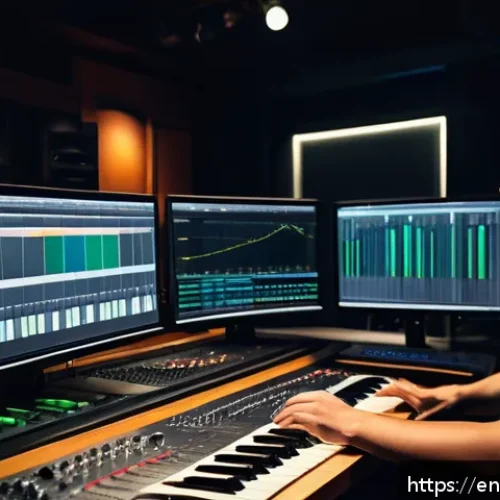 Home 29 사운드 샘플링의 에티켓과 규범 - A modern music producer’s studio scene featuring a diverse group of young adults collaborating on a ...