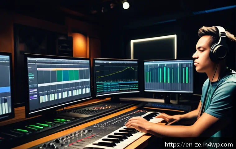 사운드 샘플링의 에티켓과 규범 - A modern music producer&rsquo;s studio scene featuring a diverse group of young adults collaborating on a ...