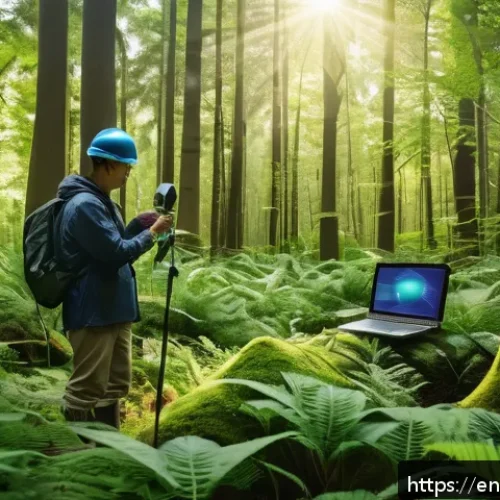 Home 28 샘플링에서의 창의적 접근법 소개 - An outdoor environmental monitoring scene featuring a diverse network of sensors placed in a lush fo...