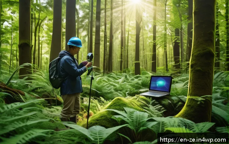 샘플링에서의 창의적 접근법 소개 - An outdoor environmental monitoring scene featuring a diverse network of sensors placed in a lush fo...