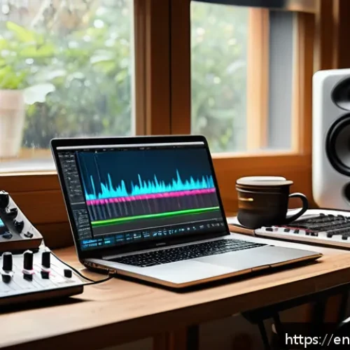 Home 15 사운드 샘플링을 통한 크리에이티브 워크숍 - A cozy home recording studio scene with a diverse set of sound sampling equipment: a Zoom H4n portab...