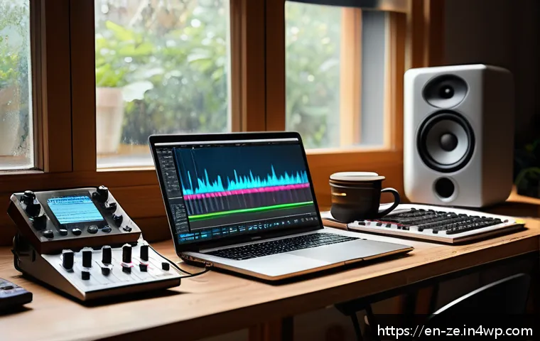 사운드 샘플링을 통한 크리에이티브 워크숍 - A cozy home recording studio scene with a diverse set of sound sampling equipment: a Zoom H4n portab...