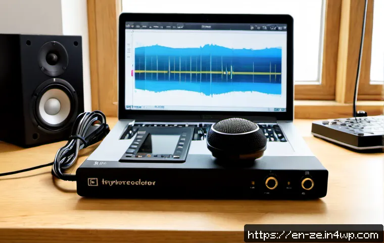 Home 16 소리 샘플링의 장비와 추천 제품 - Photorealistic home recording desk for sound sampling, showing a compact handheld field recorder, st...