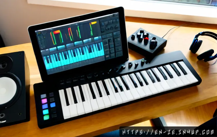 Home 16 창의적인 샘플링을 위한 도구와 소프트웨어 - Photorealistic overhead view of a modern home music production desk, compact MIDI keyboard, drum pad...
