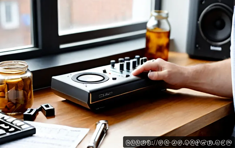 소리 샘플링을 통해 알게 된 새로운 소리 - Photorealistic close-up of a home music producer discovering new sounds through sampling, hands adju...